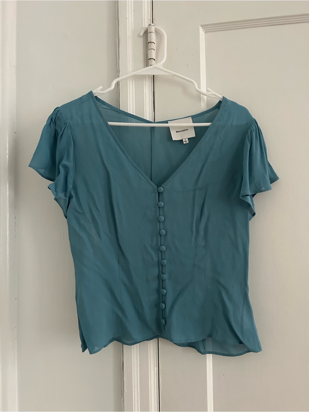 Reformation Ramona Teal V-Neck Button Front Blouse